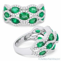 2.71ct Oval Cut Emerald &amp; Diamond Pave Right-Hand Fashion Ring in 18k White Gold - £7,571.72 GBP