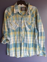 Vtg Buckle BKE Mens Sz XL Pearl Snap Shirt Athletic Fit Blue Yellow Plaid - $16.71