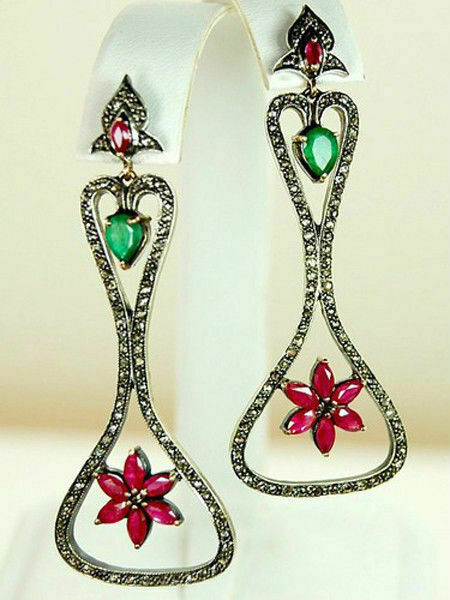 Primary image for Victorian 2.66ct Rose Cut Diamond Ruby Emerald Earrings Halloween Holidays