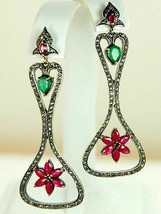 Victorian 2.66ct Rose Cut Diamond Ruby Emerald Earrings Halloween Holidays - £508.68 GBP