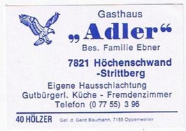 Matchbox Label Germany Gasthaus Adler Strittsberg - $0.98