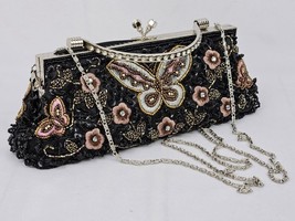Vintage Beaded Butterfly Evening Bag Shoulder Chain Black Pink Silver Rhinestone - £50.90 GBP