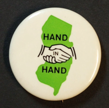 Hand in Hand New Jersey State NJ Souvenir Lapel Vintage Button Pin c1970s - £11.84 GBP