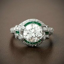 3.5CT Simulated Diamond &amp; Emerald Vintage Ring 14K White Gold Plated Silver - £196.17 GBP