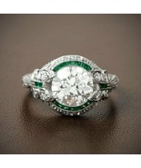 3.5CT Simulated Diamond &amp; Emerald Vintage Ring 14K White Gold Plated Silver - £192.99 GBP