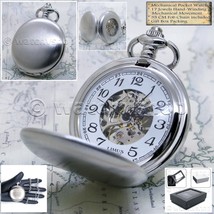 Pocket Watch Mechanical Skeleton Silver Color 47 MM for Men with Fob Chain P43 - £23.58 GBP