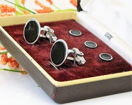 Vintage swank cufflink set formal men tuxedo black silver original box thumb200