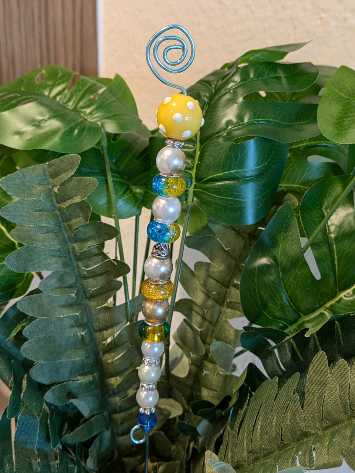 Yellow Garden Stake with Yellow Blue &amp; White Beads on Wire - $12.00