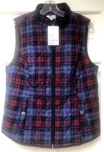 NWT CROFT &amp; BARROW M Navy/Burgundy Plaid Cotton Quilted Zip Vest w/ Toggles - $44.54