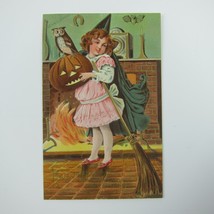 Vintage Halloween Postcard Girl Witch Pumpkin Jack-O-Lantern Owl Gold Embossed - £31.87 GBP