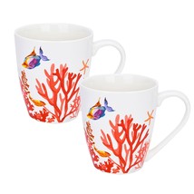 Coral Reef Coffee Tea Bone China ugs Set Of 2 Red Coastal Country Round ... - $28.22