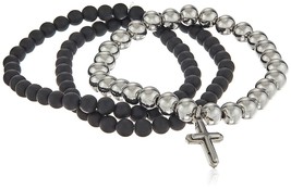 Conjunto de Tres Negro Lava &amp; Plata Inoxidable Cuentas Sagrada Cruz Pulseras Nwt - £23.38 GBP