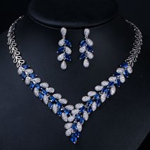 Luxury White Gold Color Royal Blue CZ Stone Wedding Necklace Earrings Jewelry Se - £44.82 GBP