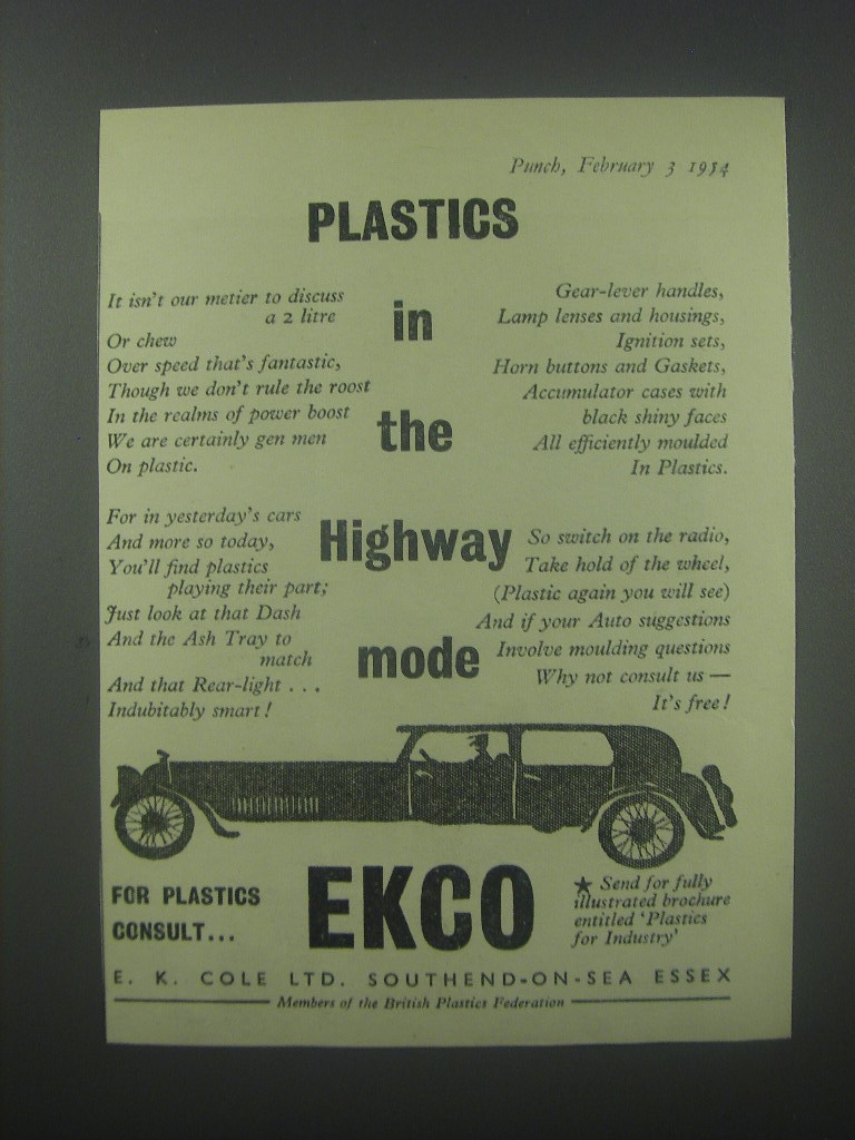 Primary image for 1954 Ekco Plastics Ad - Plastics in the highway mode
