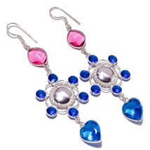 Pink Tourmaline, Topaz Gemstone 925 Silver Overlay Handmade Drop Heart Earrings - £18.27 GBP