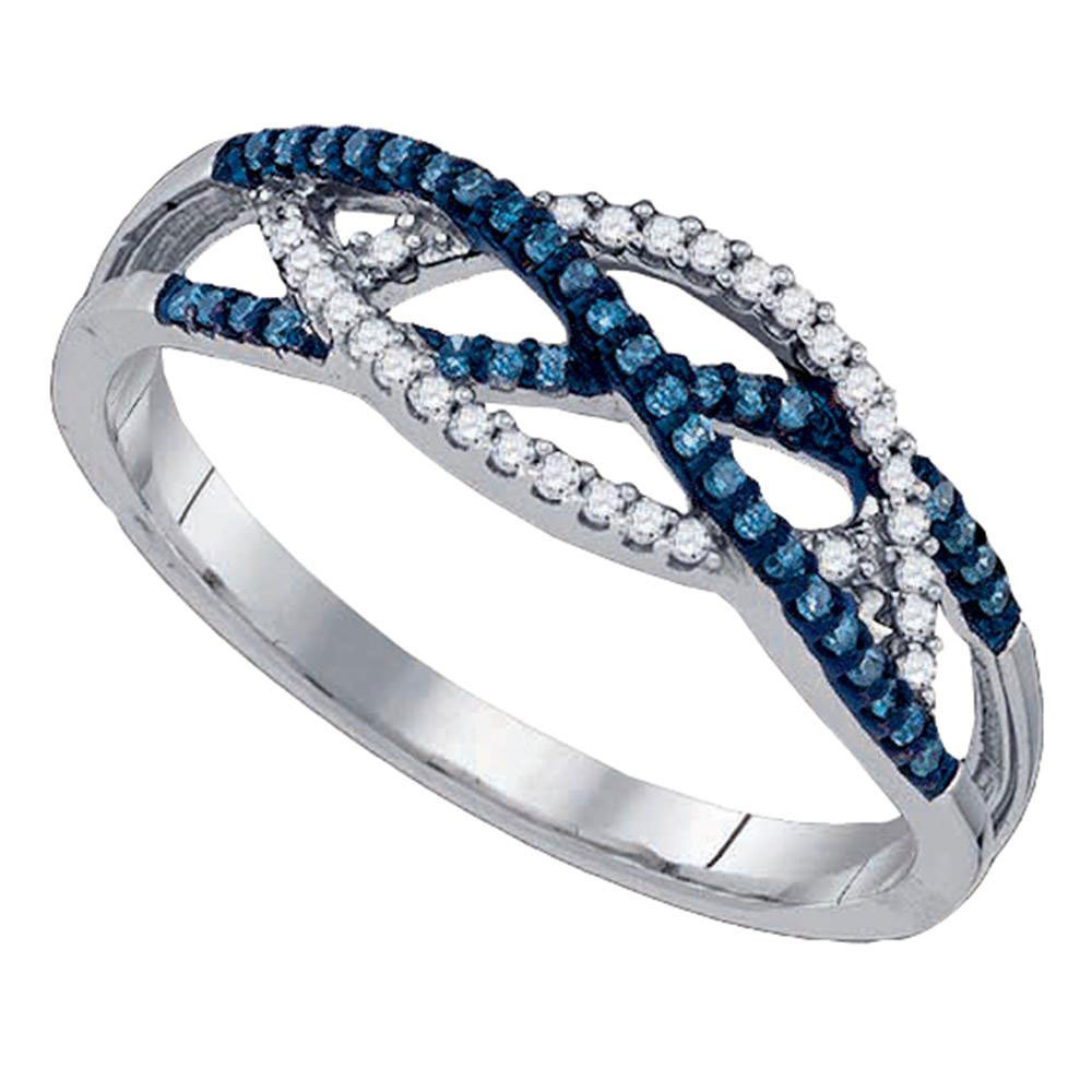 10k White Gold Womens Round Blue Color Enhanced Diamond Band Crossover Ring 1/5