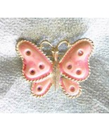 Elegant Pink Enamel Gold-tone Butterfly Brooch 1960s vintage 1 1/4&quot; - £9.70 GBP
