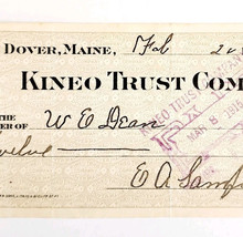 1913 Kineo Trust Company Bank Check E.A. Sampson Dover Maine Signed 4035... - $19.99
