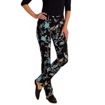 Soft Surroundings L Black Slim Ankle Pants Gold Bird Blue Floral Chinois... - $34.65