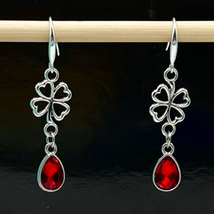BAT Fine Faceted Red Crystal &amp; 4-leaf Dangle Earrings - £38.70 GBP