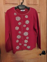 Coldwater Creek Vintage Red Bd Cardigan Sweater Xl Beads Sequins Snowflakes - £31.86 GBP