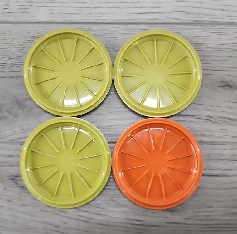 Primary image for Vintage Tupperware Coaster/Mug Lids #1313 Green & Orange - Set of 4