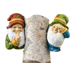 Gnome Tree Hugger Figurines Set of 2 Peeking with Long White Beards 10" High - $36.62