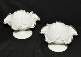 2 Vtg White Milk Glass Compotes 6.75&quot; Open Candy Dish w Crimped Clear Gl... - £39.16 GBP