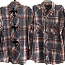 Buckle Black Label Shirt XL Rust Gray Plaid Athletic Fit Snaps Crosses Roll Tab - £14.93 GBP
