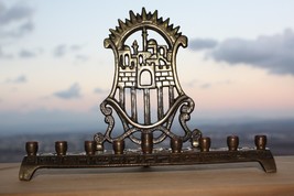Judaica Vintage Hanukkah Lamp Jewish Brass Bronze Menorah Jerusalem Holy... - $876.59 MXN