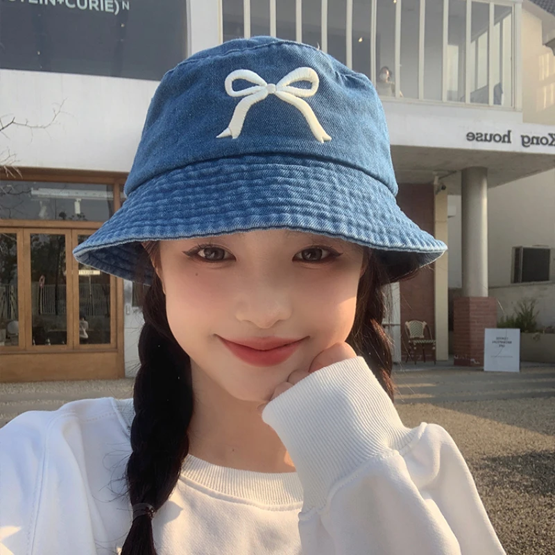 Korean Sweet Bow Embroidered Bucket Hats for Women Ins 2024 Summer New Versatile - £15.09 GBP