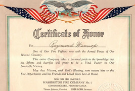 WWII Conshohocken Pennsylvania Fire Fighter Patriotic Certificate Of Honor - £10.81 GBP
