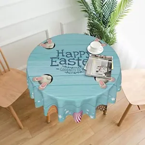 New Knteyq Blue Wood Table Cloth Easter Day Egg Rabbit 60 Inch Round Tablecloth  - $49.32