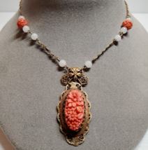 VTG Deco 1930s Czechoslovakia Peach Pink Molded Coral Glass Brass 16&quot; Necklace - £77.37 GBP