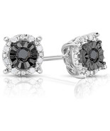 Black Diamond Stud Earrings in Rhodium Plated Sterling Silver Halo Style - $135.26 CAD