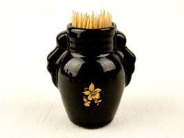 Black Porcelain Toothpick Holder,  Jug Urn Shape, Gold Floral, Vintage, ... - $14.65