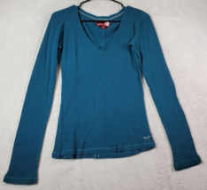 Hollister T Shirt Top Womens Size Large Blue 100% Cotton Long Sleeve V Neck Logo - £7.83 GBP