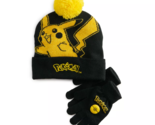 NEW Kids Pokemon Pikachu Pom Beanie Hat &amp; Gloves Set embroidered black &amp;... - £11.88 GBP