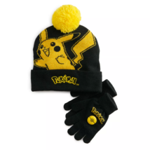 NEW Kids Pokemon Pikachu Pom Beanie Hat &amp; Gloves Set embroidered black &amp; yellow - £11.95 GBP