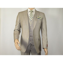 Men Suit BERLUSCONI Turkey 100% Italian Wool Super 180's 3pc Vested #Ber13 Beige image 3
