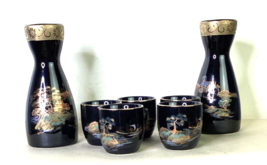 Vintage Saki Set Two Decanters and 5 Cups Black and Gold Made in Japan - $24.75