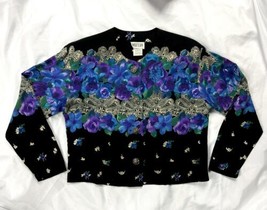 Black Blouse Shirt Jacket Sz L Rayon Relaxed Fit Floral Button Up Vintage 1980s - £19.25 GBP