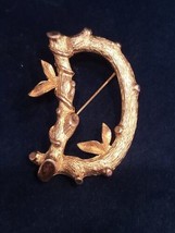 Vintage Sarah Coventry Brooch Pin Initial Letter D Gold Tone Branch Twig Leaves - £5.40 GBP