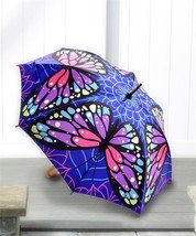 Full Size Umbrella with Wood Handle Classic Satin Butterfly Design Purple Blue 