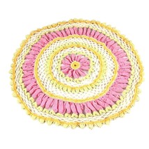 Vtg Handmade Crochet Doily 13.5&quot; Wide Dbl Petals Bright Colors Pink Yellow Green - £16.81 GBP