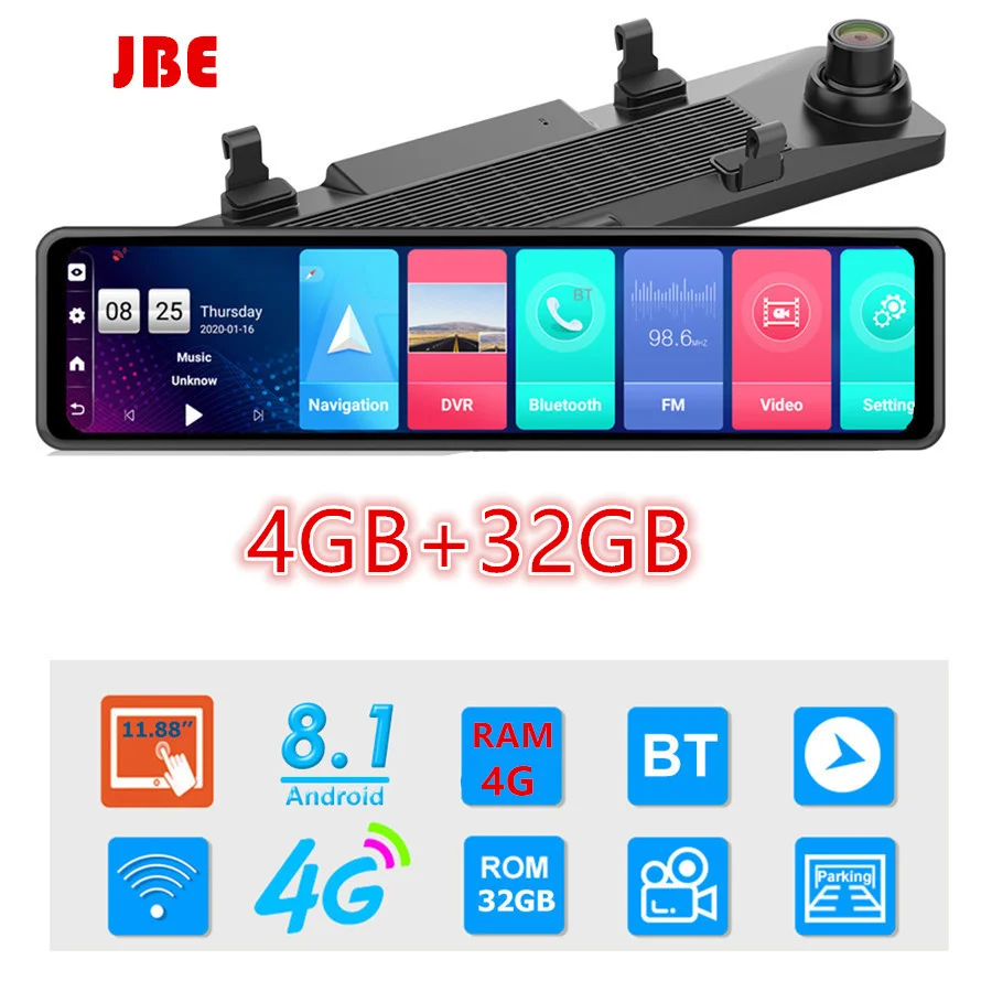 4G Android 8.1 4GB+32GB Car DVR Camera  Rear View Mirror 12inch 1080P Drive - £151.97 GBP+