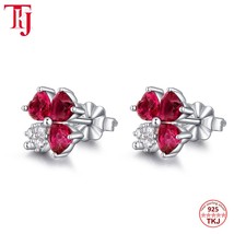 TKJ 2 Pair Flower Stud Earrings Components For Women Red Color Cubic Zircon Ruby - £52.03 GBP