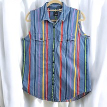 Lizwear Vintage 90s Shirt Woman Large Blue Button Down Pin Stripe Sleeveless - $28.97