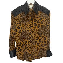 Cache Womens Silk Button Down Blouse Leopard Faux Leather Beaded Size S  - £26.72 GBP