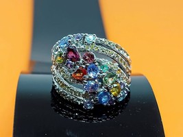 Natural Rhodolite Garnet, Emerald &amp; Kyanite Gems 925 Sterling Silver Ring Sz 7.5 - £35.24 GBP